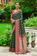 Bottle Green And Red Raw Silk Saree