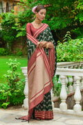 Bottle Green And Red Raw Silk Saree