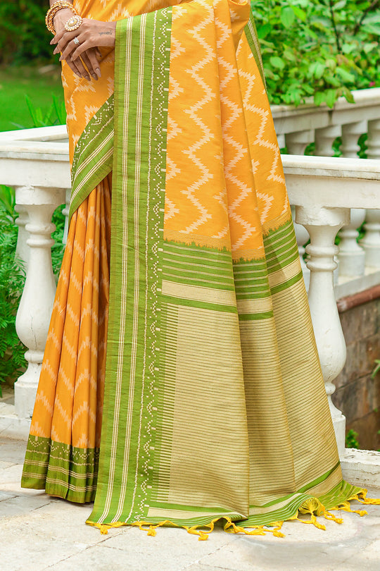 Yellow And Green Raw Silk Saree