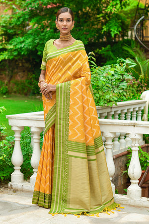 Yellow And Green Raw Silk Saree