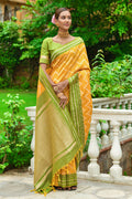 Yellow And Green Raw Silk Saree