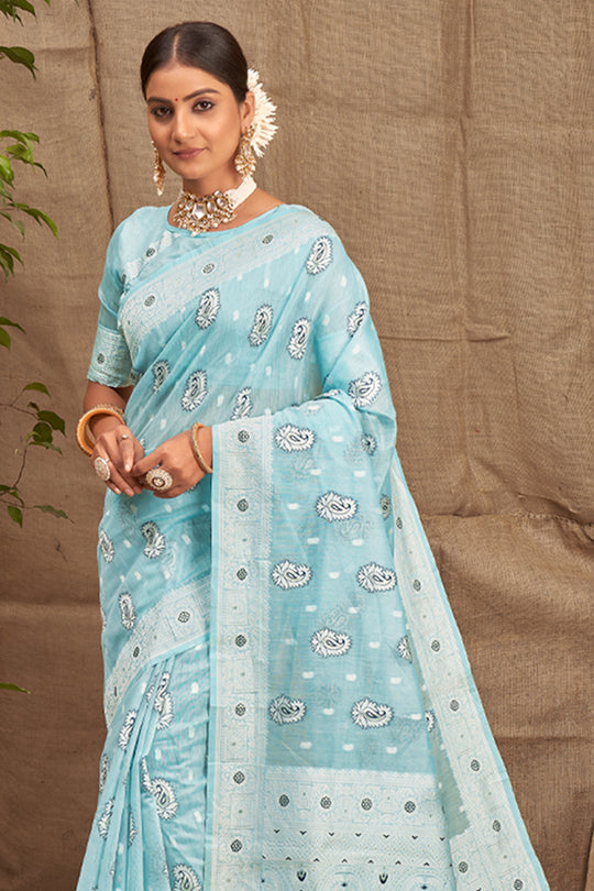 Powder Blue Cotton Saree