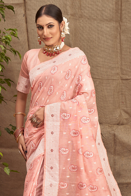 Cantaloupe Peach Cotton Saree