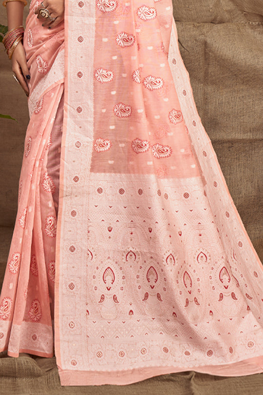 Cantaloupe Peach Cotton Saree