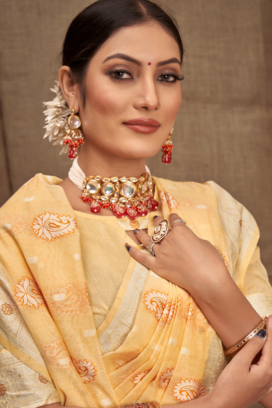 Pastel Yellow Cotton Saree