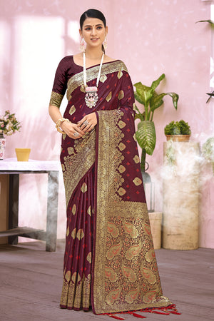 Dark Mahogany Brown Banarasi Saree