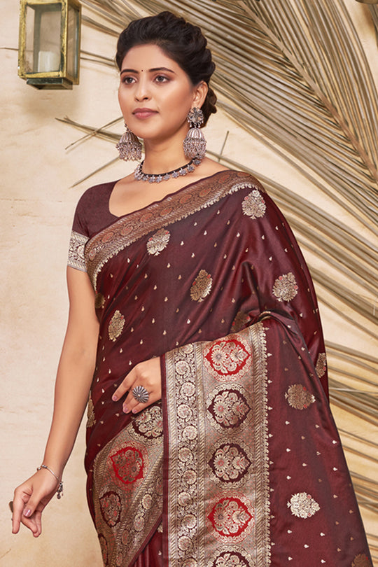 Dark Mahogany Brown Banarasi Silk Saree