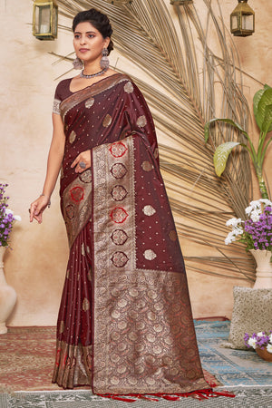 Dark Mahogany Brown Banarasi Silk Saree