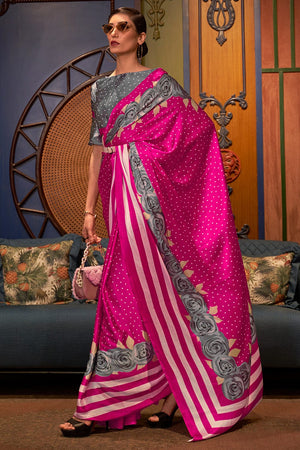Fuschia Pink Satin Silk Saree