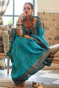 Teal Blue Organza Saree