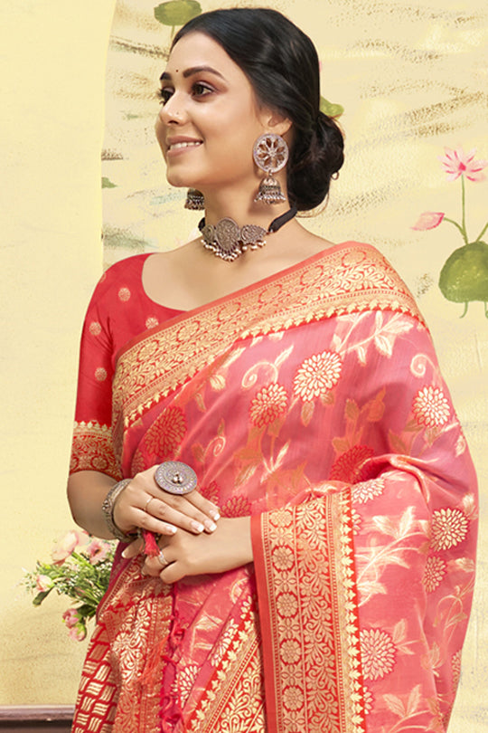 Pink And Red Cotton Saree