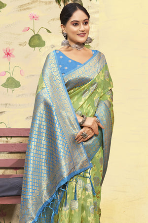 Sky Blue And Green Cotton Saree