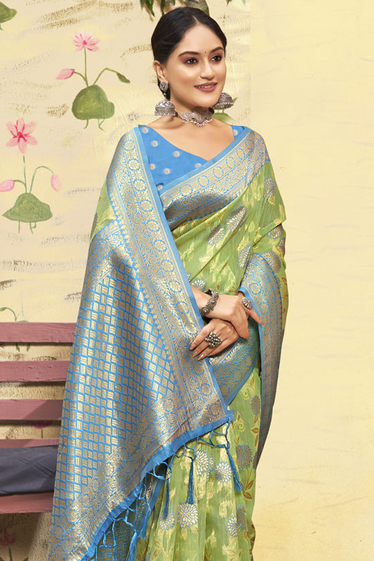 Sky Blue And Green Cotton Saree