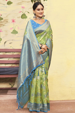 Sky Blue And Green Cotton Saree