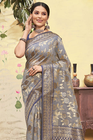 Grey And Navy Blue Cotton Saree