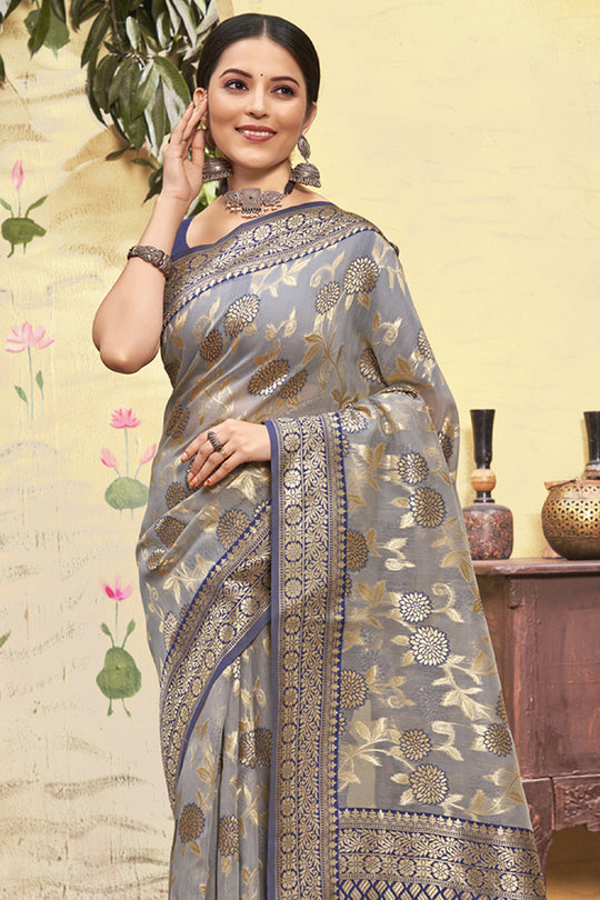 Grey And Navy Blue Cotton Saree