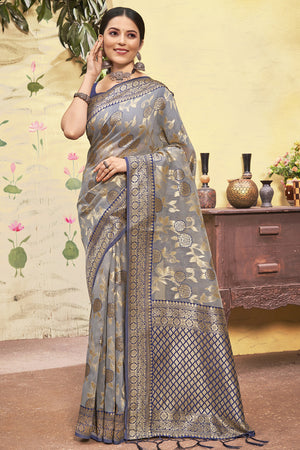 Grey And Navy Blue Cotton Saree