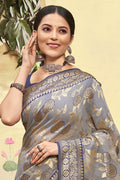 Grey And Navy Blue Cotton Saree