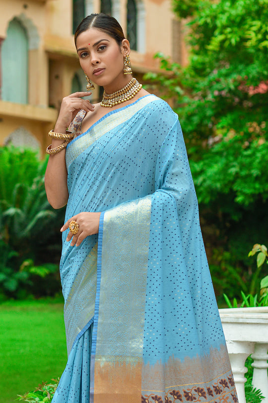 Firozi Blue Linen Blend Cotton Saree