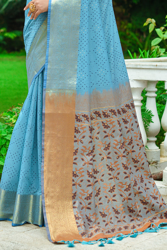 Firozi Blue Linen Blend Cotton Saree
