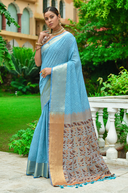 Firozi Blue Linen Blend Cotton Saree