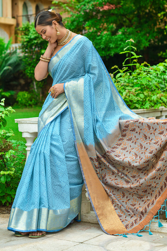 Firozi Blue Linen Blend Cotton Saree