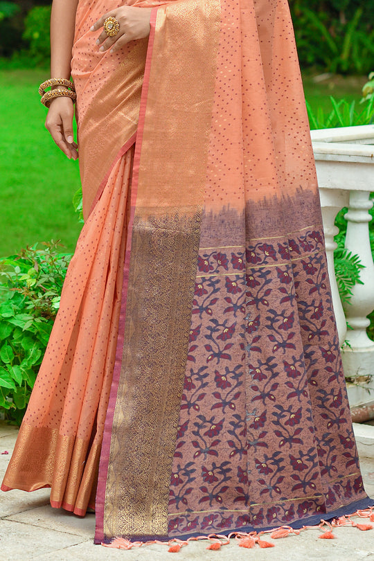 Cantaloupe Orange Linen Blend Cotton Saree