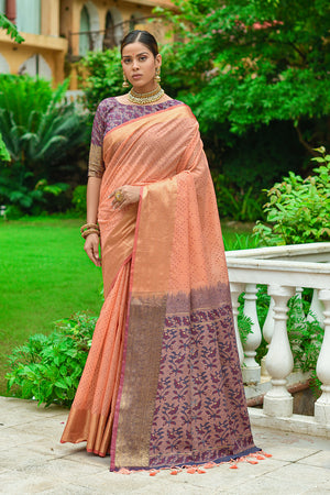 Cantaloupe Orange Linen Blend Cotton Saree