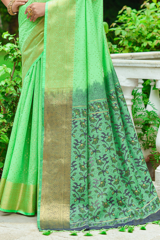 Pista Green Linen Blend Cotton Saree
