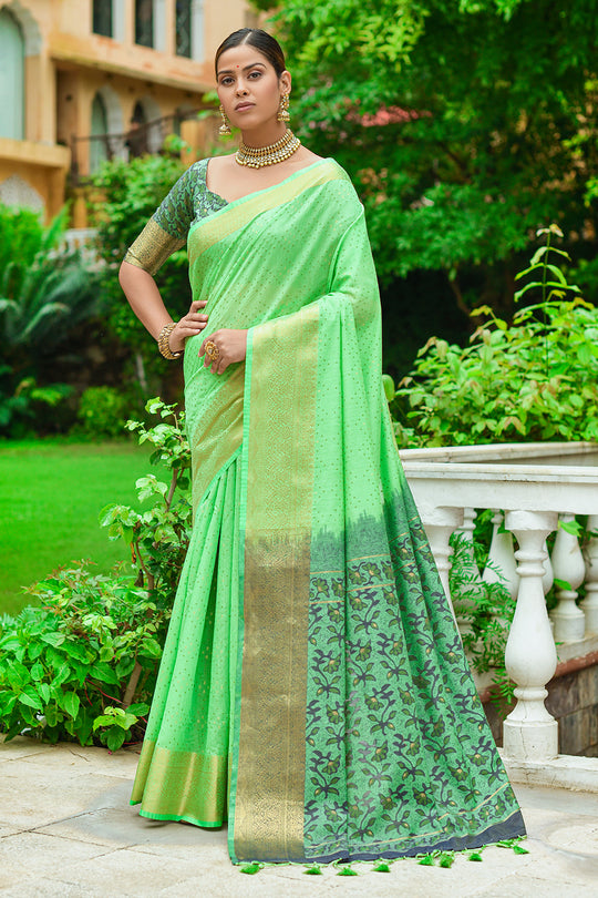 Pista Green Linen Blend Cotton Saree