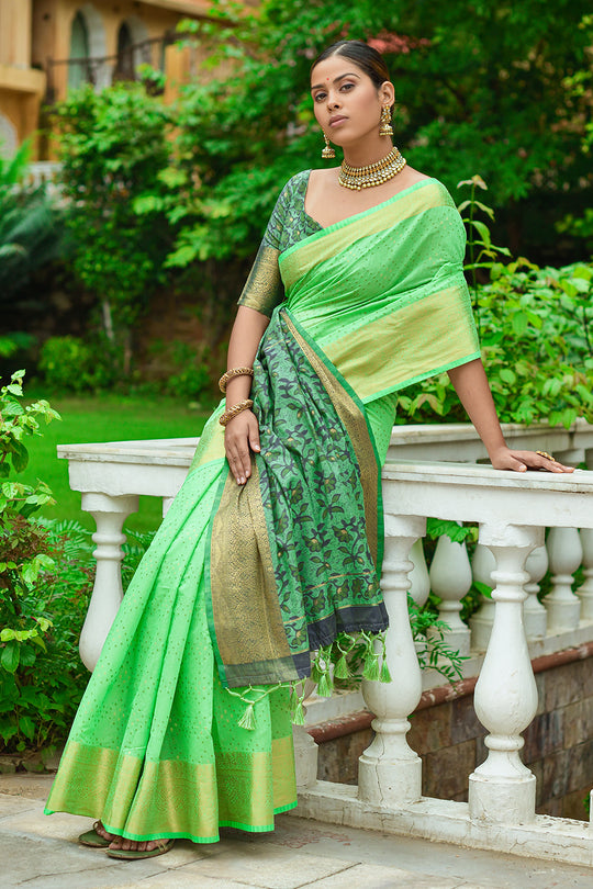 Pista Green Linen Blend Cotton Saree