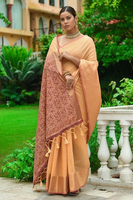 Canary Yellow Linen Blend Cotton Saree