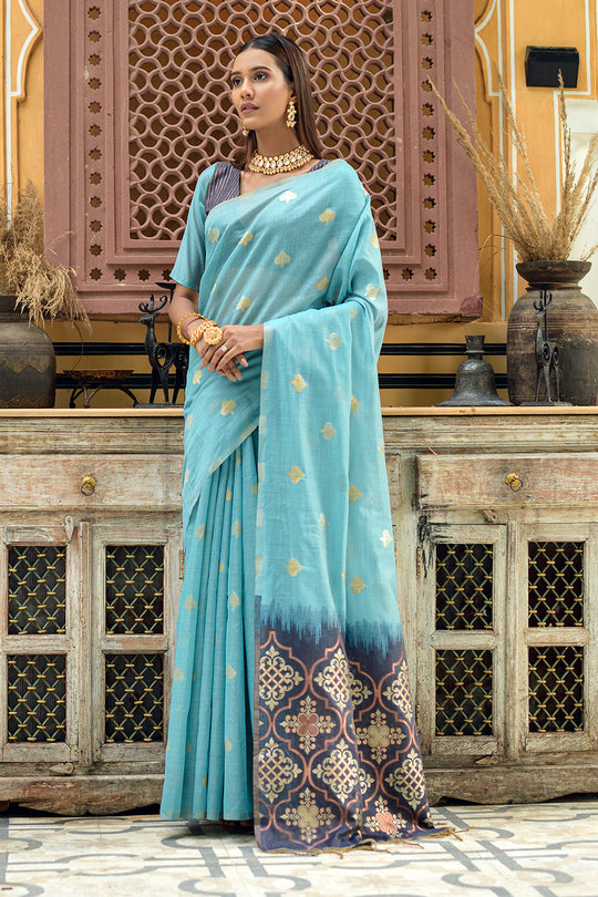 Firozi Blue Linen Blend Saree