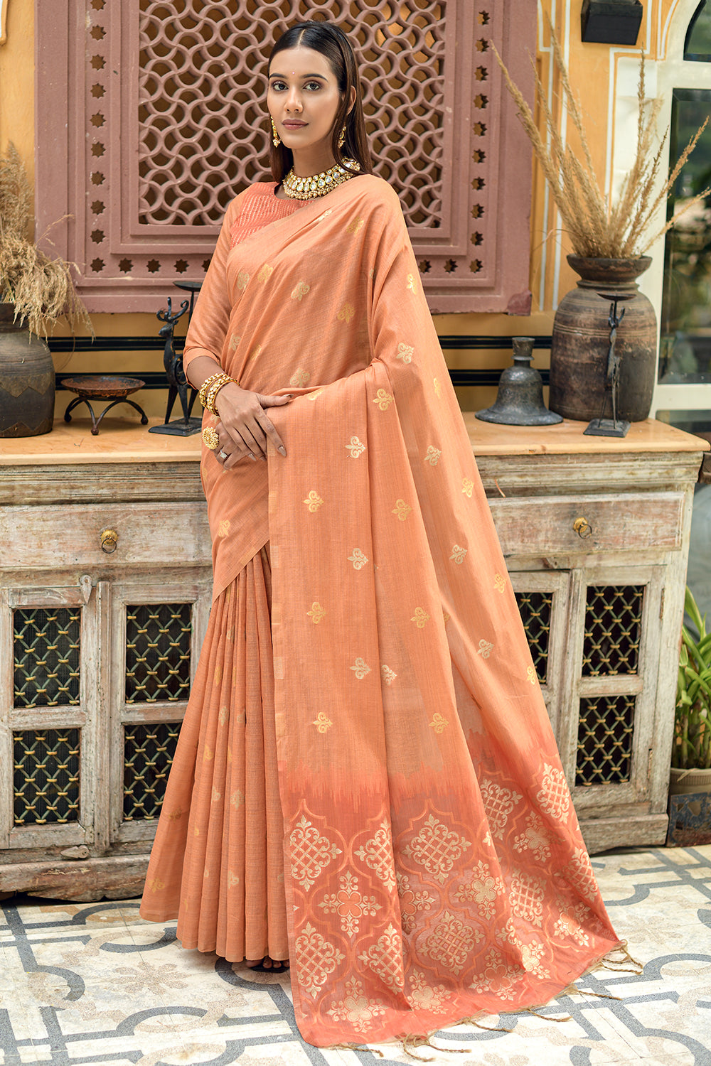 BPSZ01- Peach linen saree with silver zari border and Running blouse | Saree  designs party wear, Indian fashion saree, Elegant saree