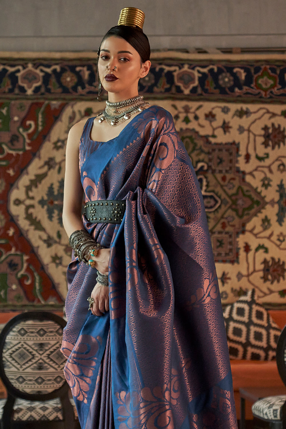 Royal Blue Soft Kanjivaram Silk Saree With Teal Ikkat Border and Pallu |  TST | The Silk Trend