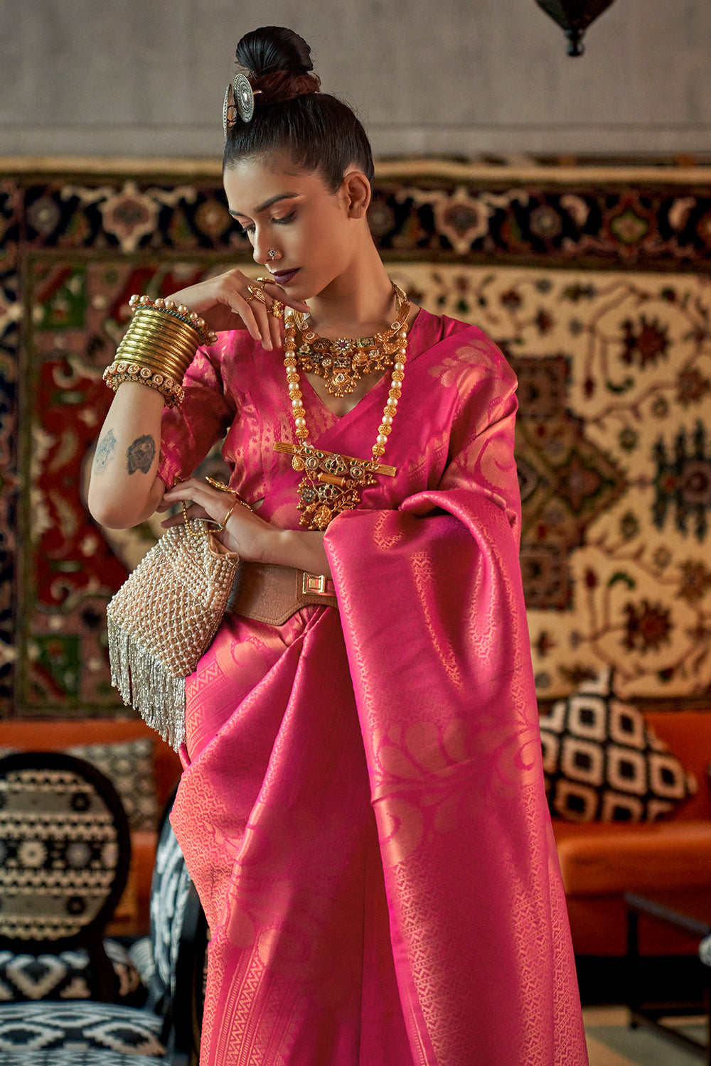 Hot Pink Woven Kanjivaram Silk Saree : Top Pick – Ethnos