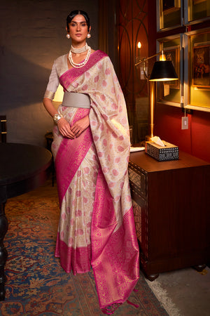 Magenta Pink And Beige Kanjivaram Saree