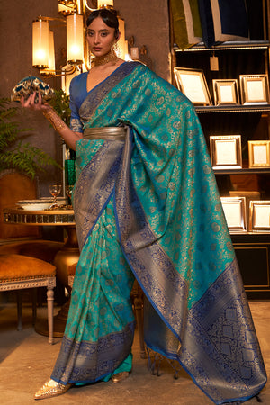 Pine Green And Blue Kanjivaram Saree