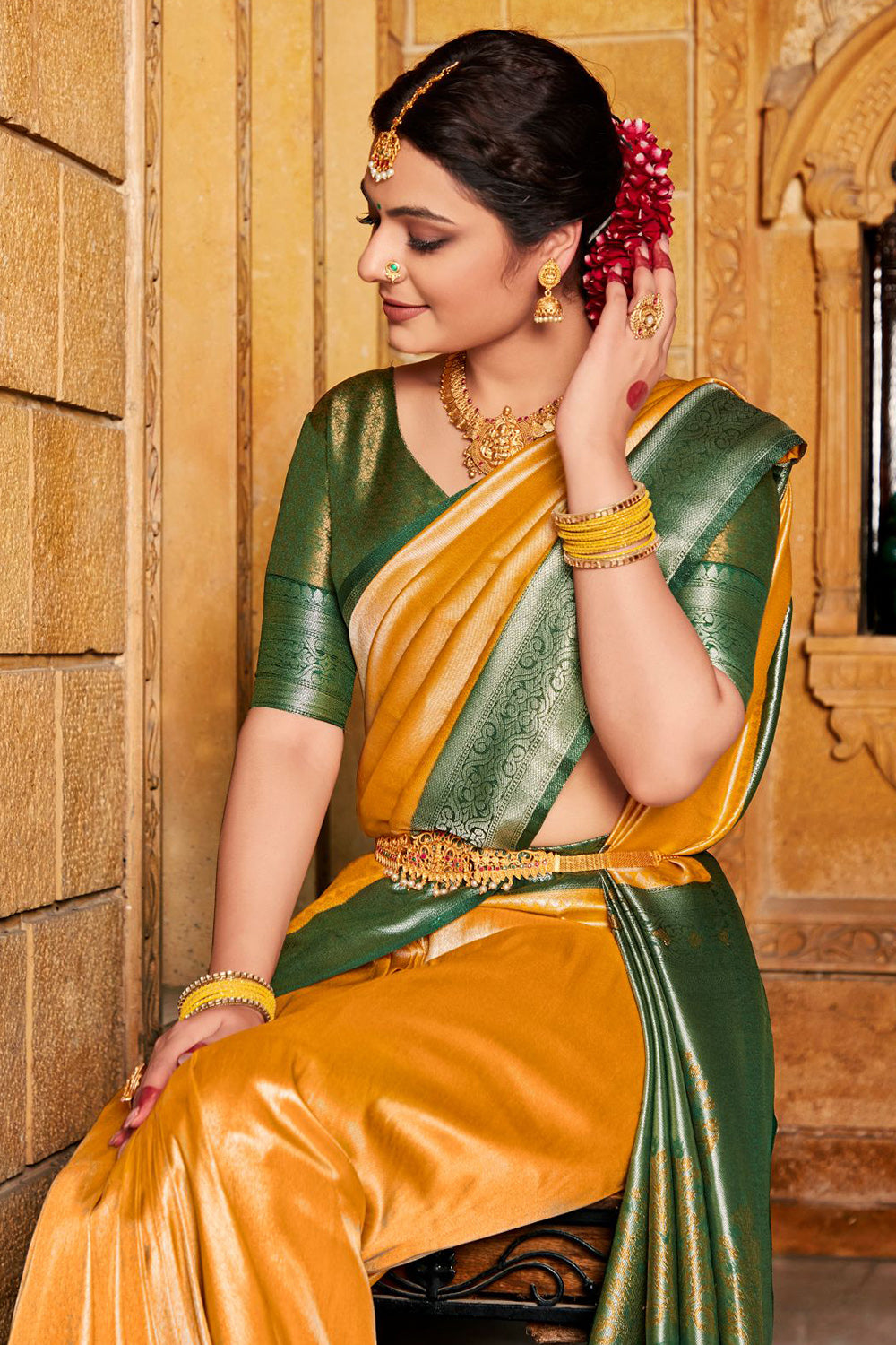 Weaving South Indian Saree in Yellow Cotton and silk - SR20191