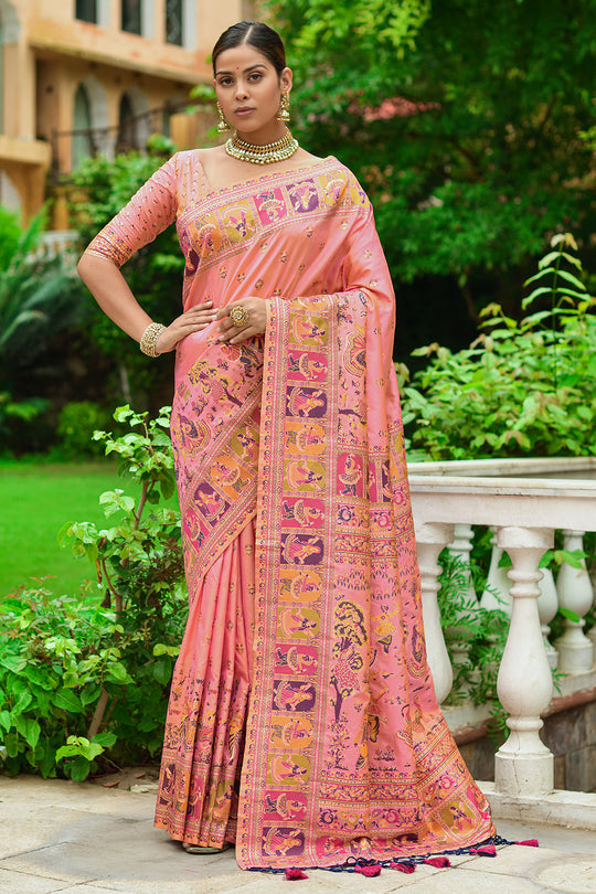 Salmon Peach Banarasi saree