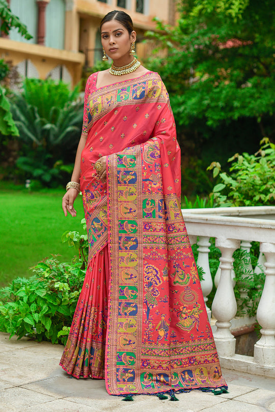 Cantaloupe Red Banarasi saree
