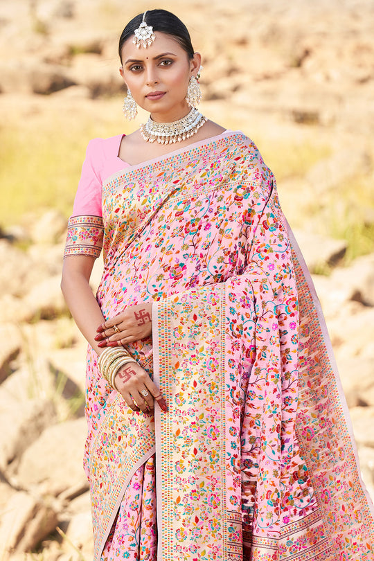 Flamingo Pink Kashmiri Pashmina Saree