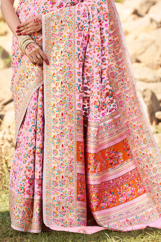 Flamingo Pink Kashmiri Pashmina Saree