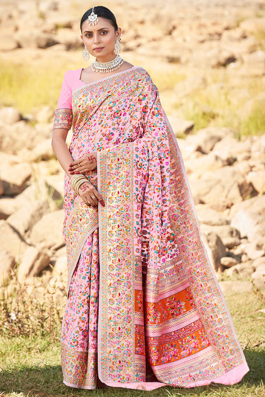 Flamingo Pink Kashmiri Pashmina Saree