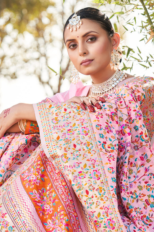 Flamingo Pink Kashmiri Pashmina Saree