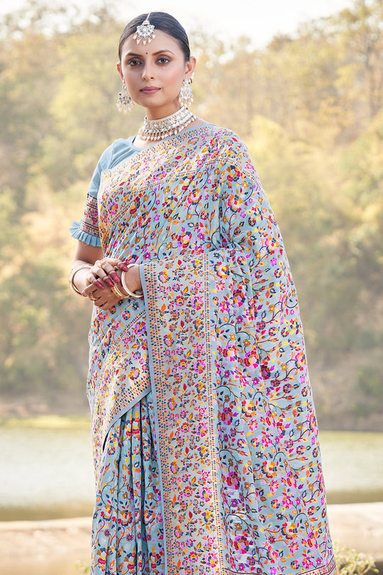 Powder Blue Kashmiri Pashmina Saree