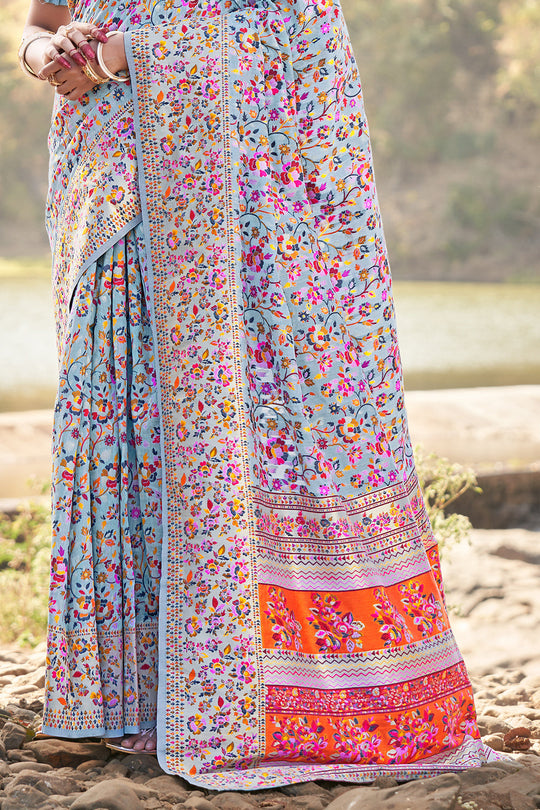 Powder Blue Kashmiri Pashmina Saree