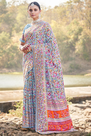 Powder Blue Kalamkari Saree