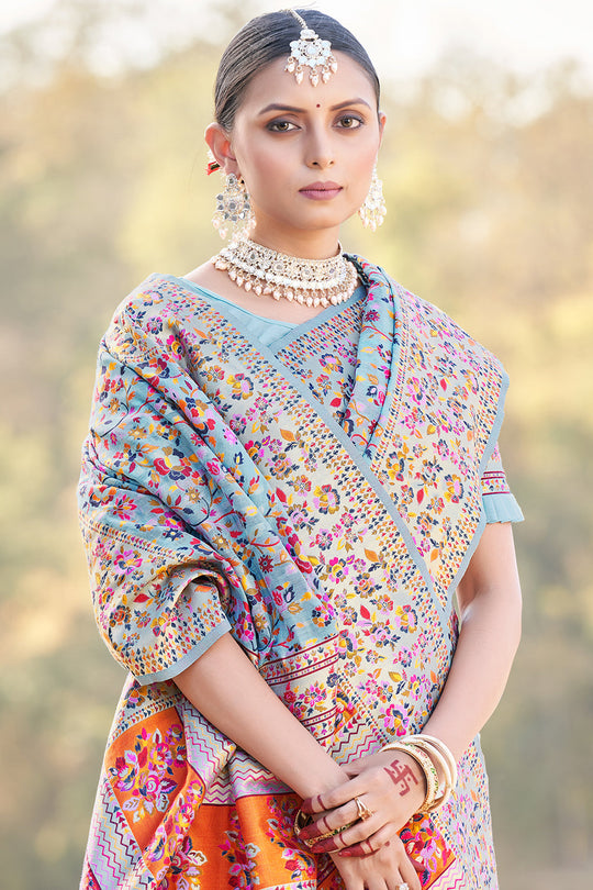 Powder Blue Kashmiri Pashmina Saree