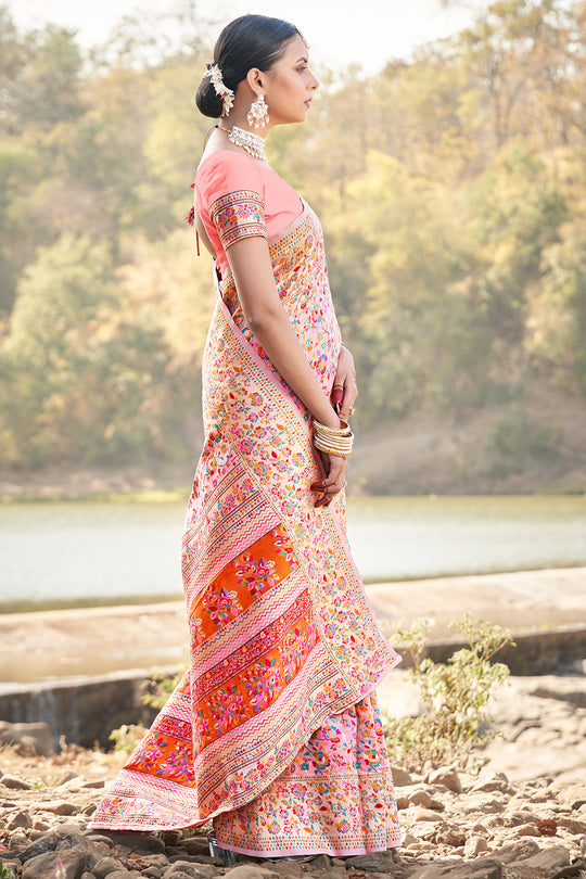 Salmon Peach Kashmiri Pashmina Saree